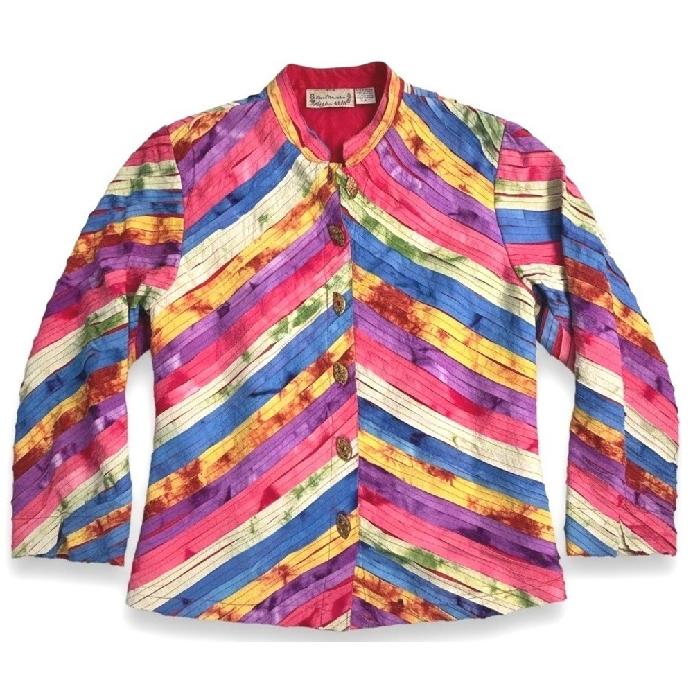Vibrant Rainbow Stripe Jacket Boho Artistic Button Front, Lightweight Cotton (L)
